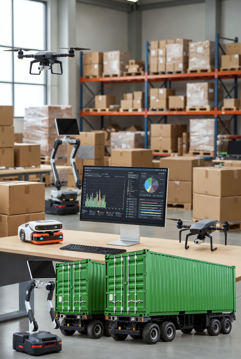 AI-generated image of UK supply chain automation with drones and robots

